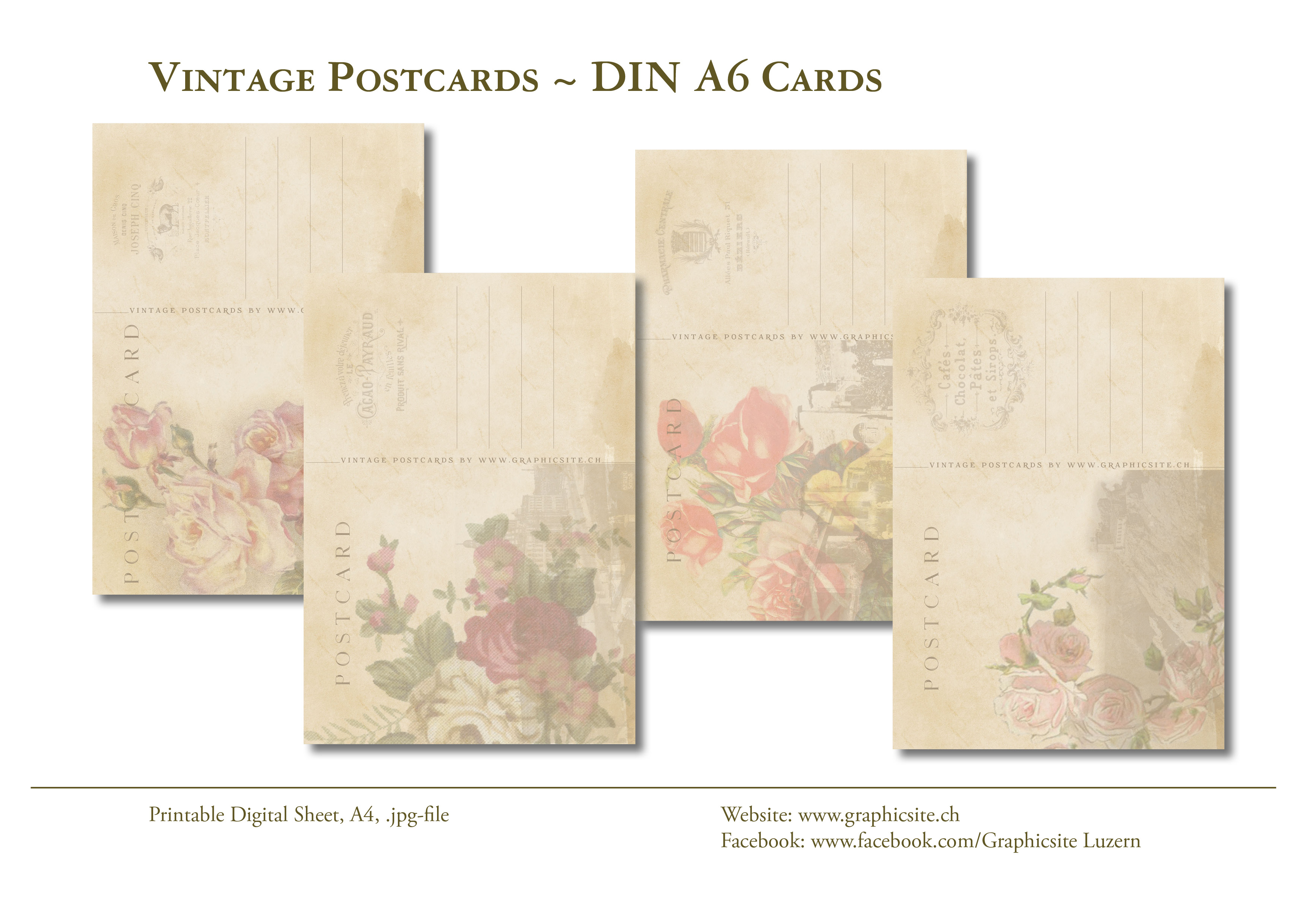 Printable Digital Sheets - DIN A6 Cards - VintagePostcards - #postcards, #cards, #greetingcards, #vintage, #antique, #downloads, #printables, 